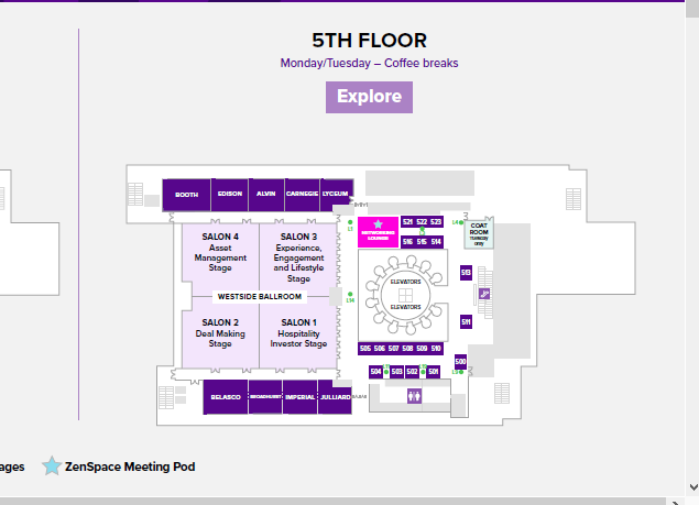 NYU IHIF 2026 — 5th floor plan. ZenSpace Meeting Pod placement in the Networking Lounge is marked with a cyan star.
