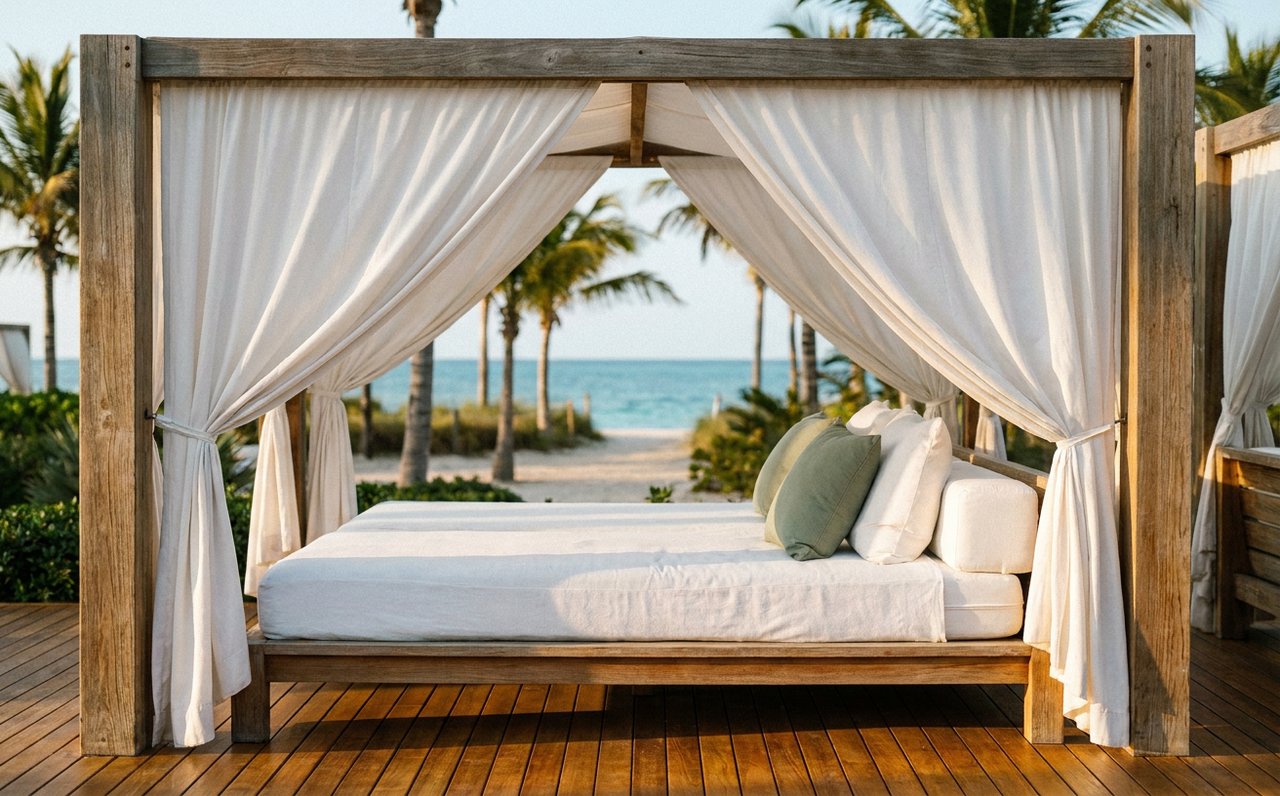Outdoor poolside cabana with lounge seating and ocean view