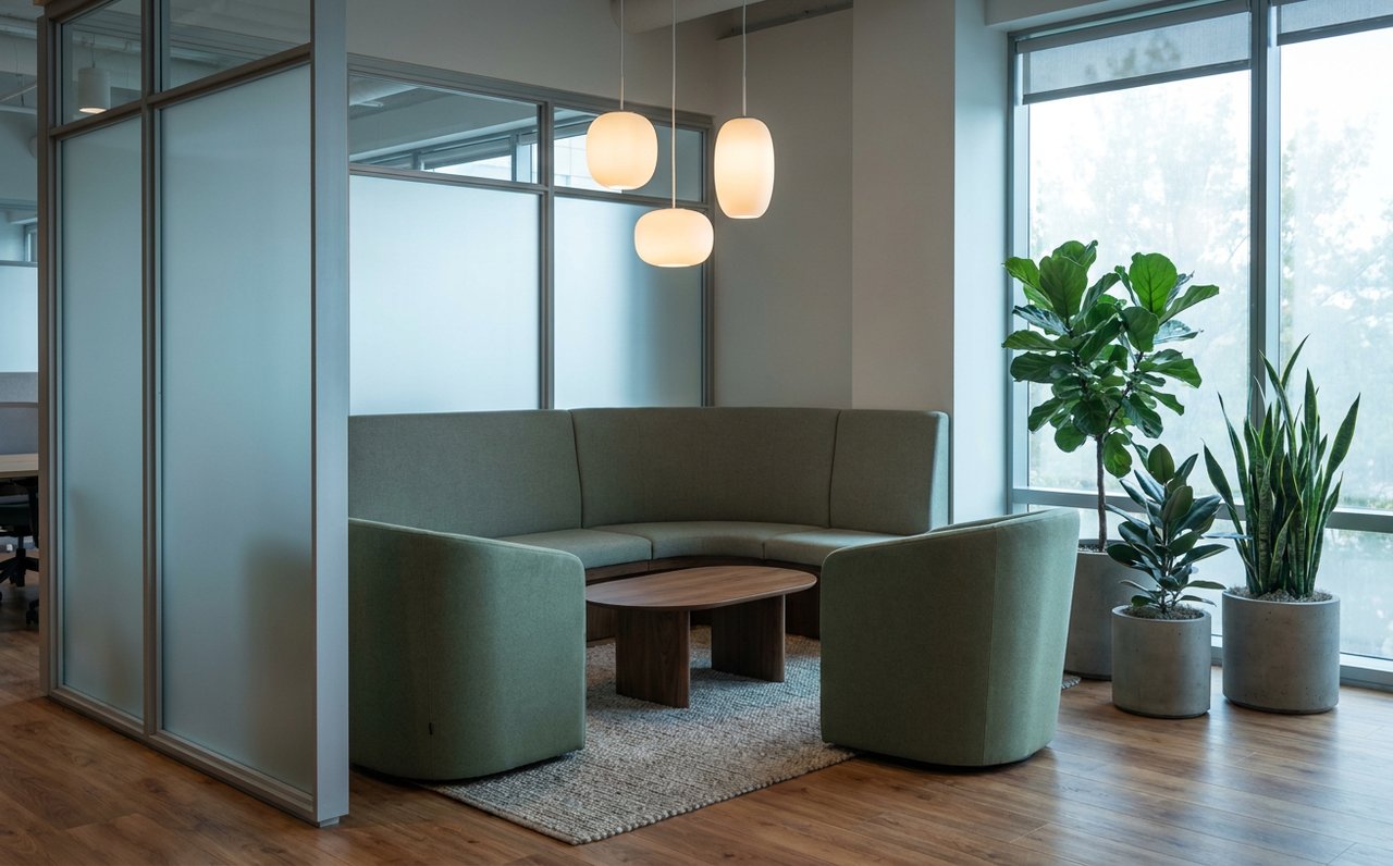 Open-floor work bay with partitioned seating and signage